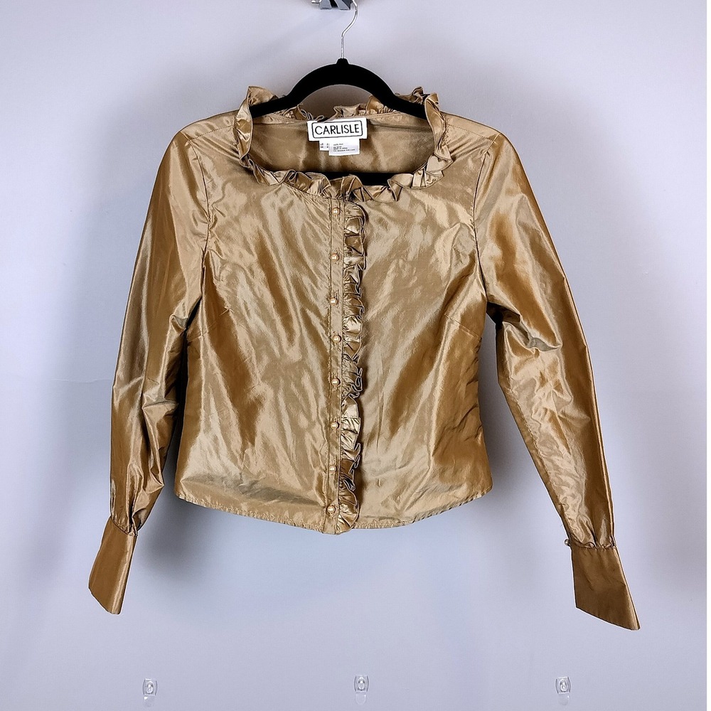 Vintage Carlisle Silk Ruffle Taffeta Blouse Gold Button Up Top Womens 2